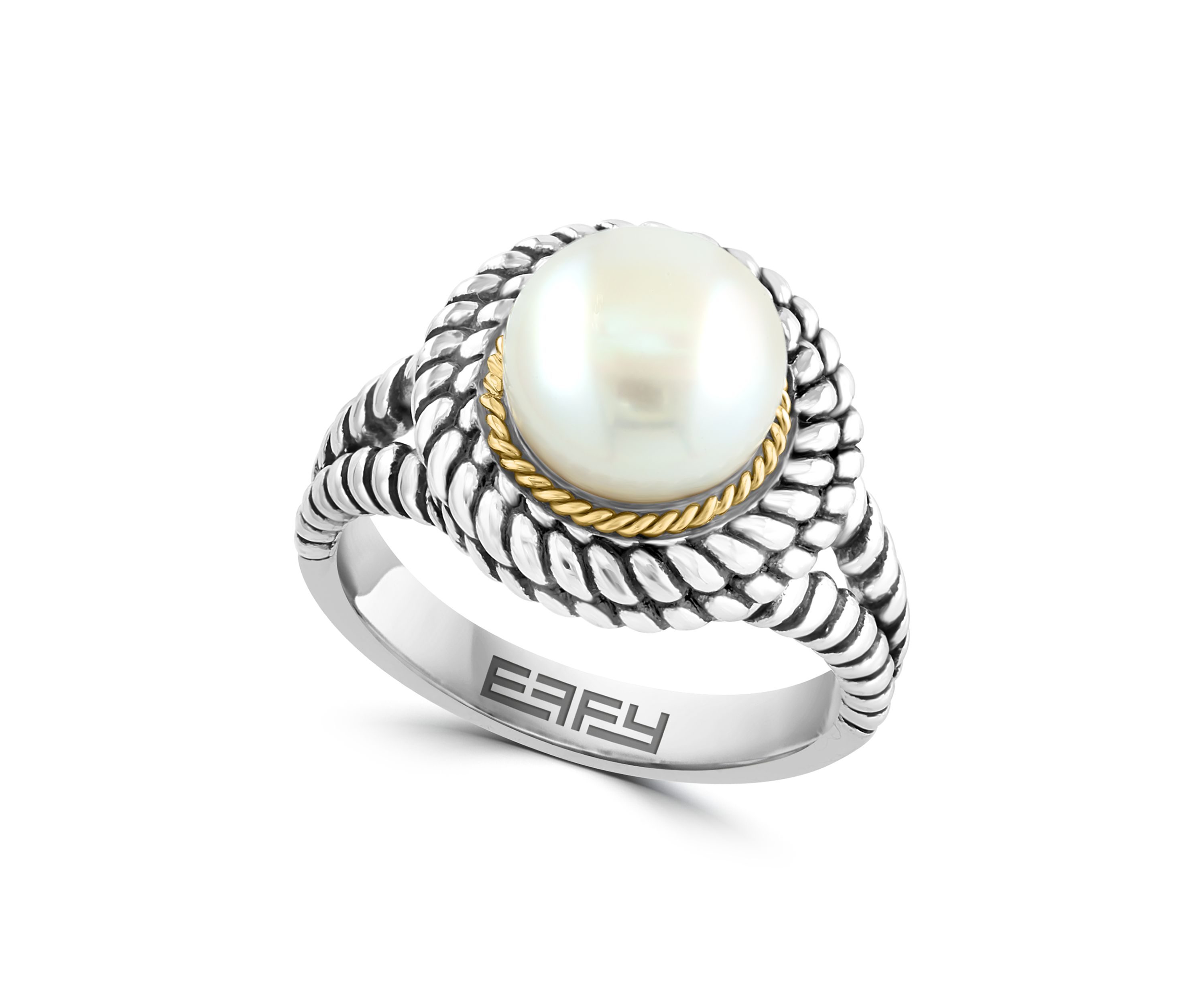Freshwater Pearl Cable Ring in Sterling Silver and 18K Yellow Gold