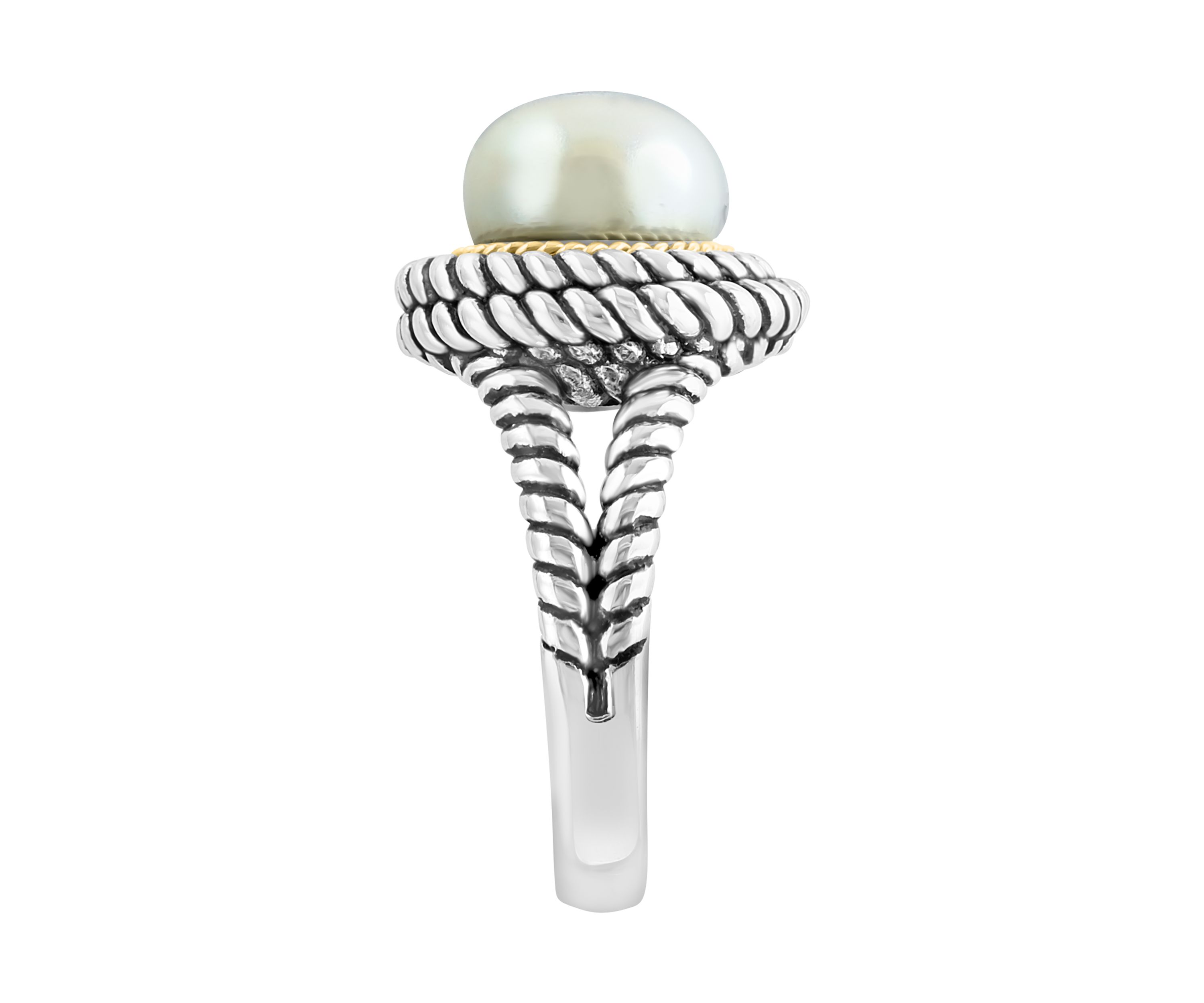 Freshwater Pearl Cable Ring in Sterling Silver and 18K Yellow Gold