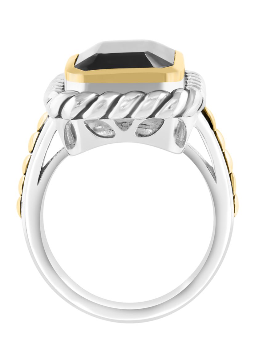 5.7 ct. t.w. Onyx Emerald Cut Ring in Sterling Silver and 18K Yellow Gold