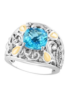 Effy Blue Topaz and White Sapphire Ring in 14K Sterling Silver and Yellow Gold, 7