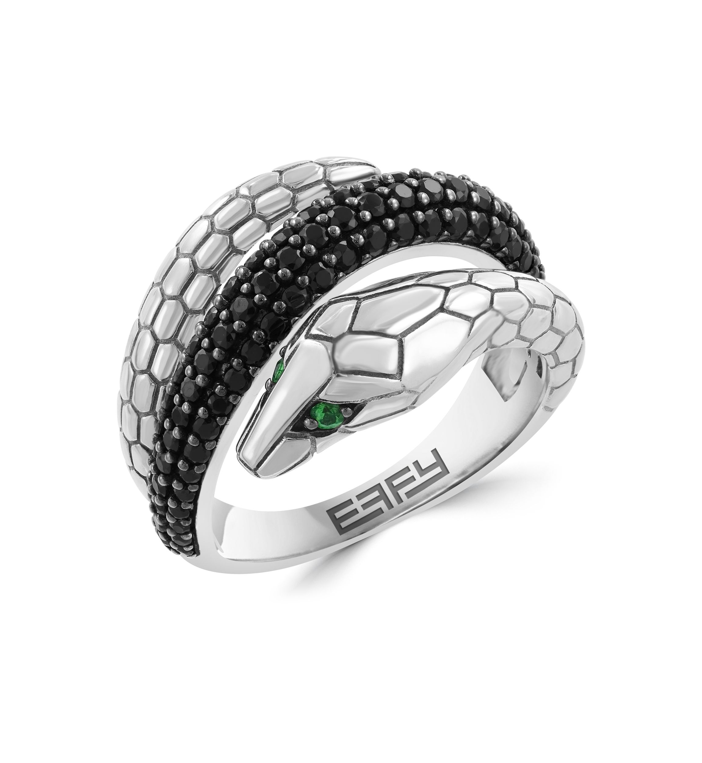 Tsavorite and Black Spinel Snake Ring in Sterling Silver