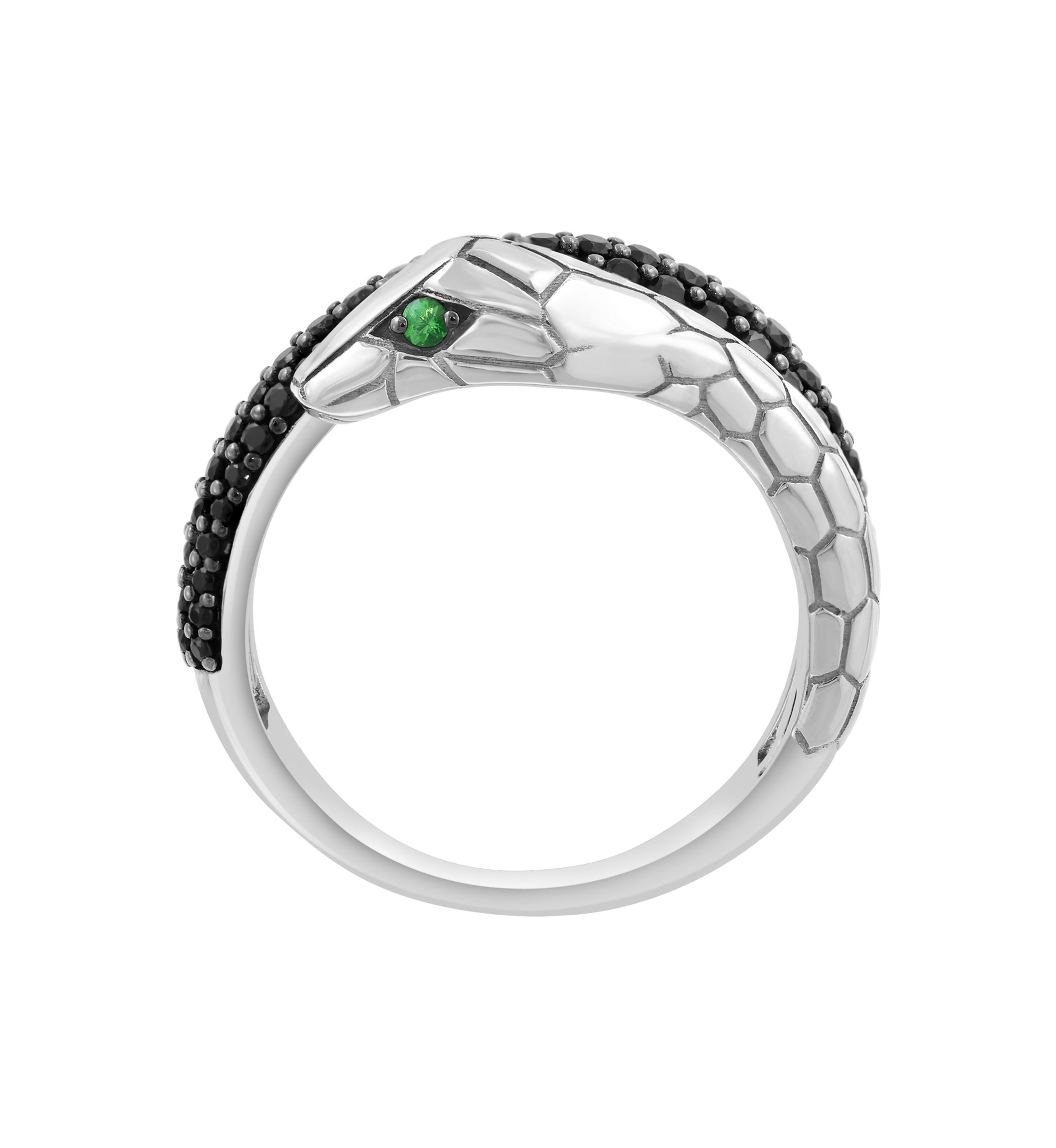 Tsavorite and Black Spinel Snake Ring in Sterling Silver