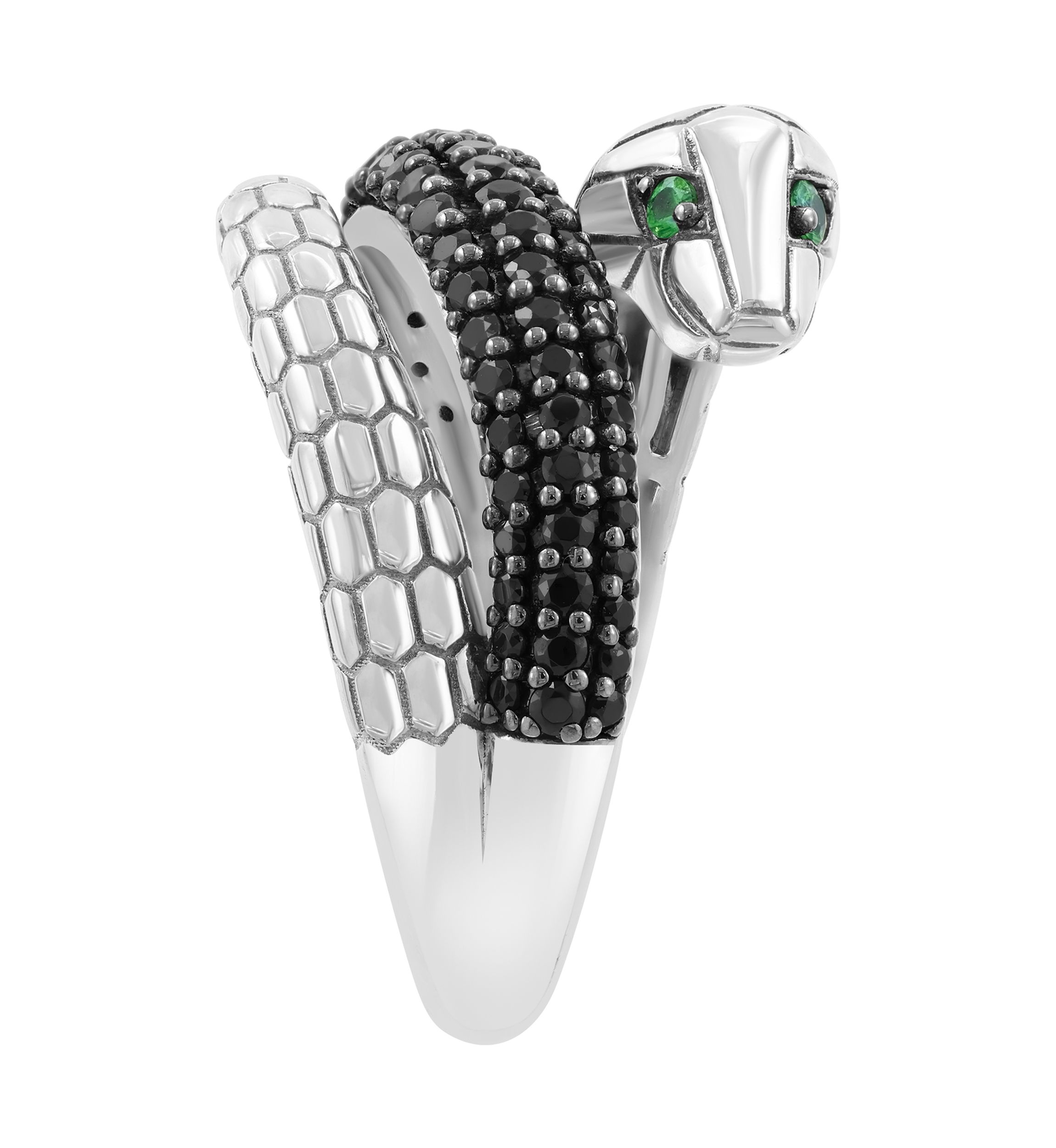Tsavorite and Black Spinel Snake Ring in Sterling Silver