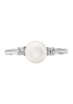 Effy 6.5-7 Millimeter Freshwater Pearls And 1/10 Ct. T.w. Diamond Ring In Sterling Silver