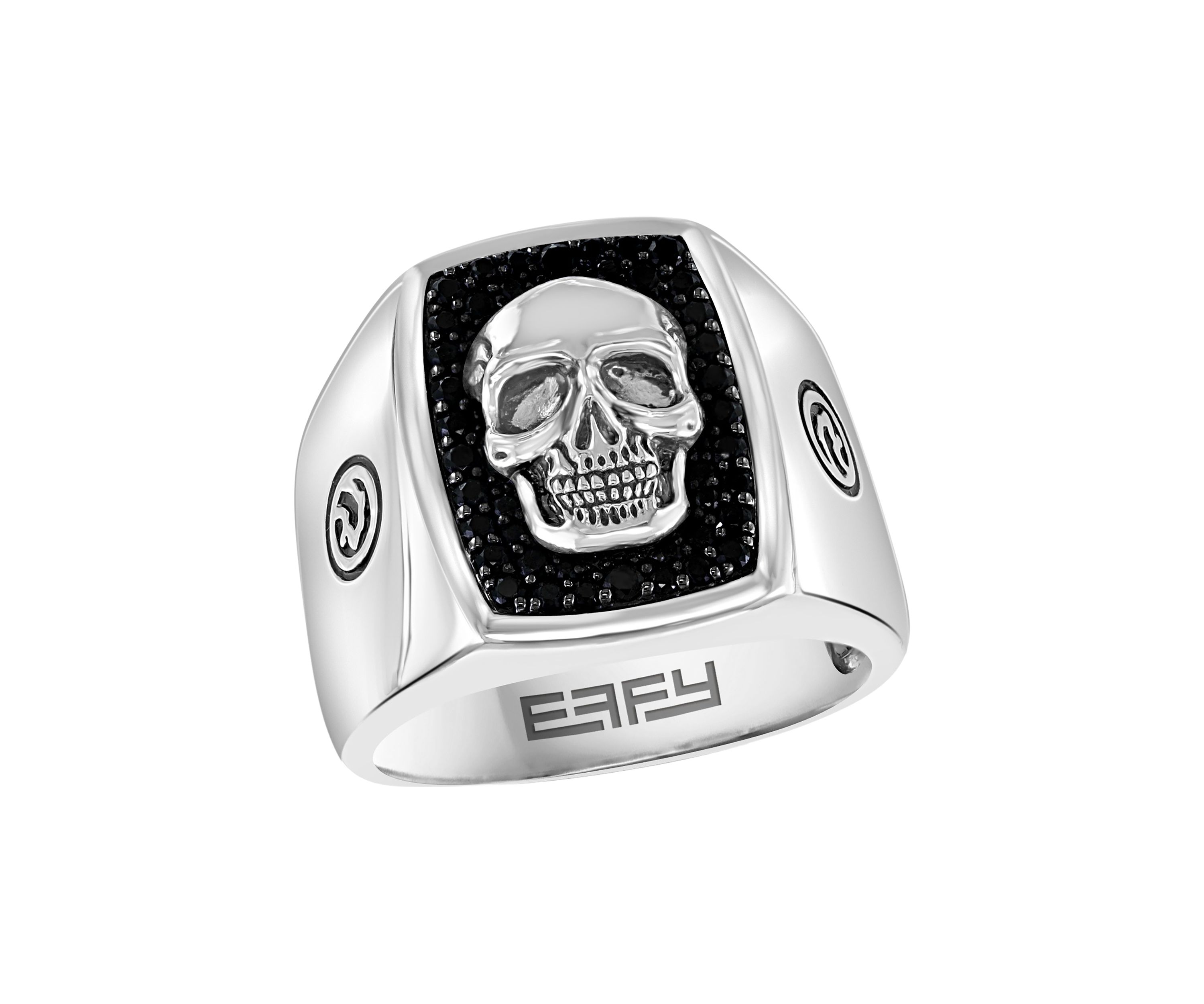 Mens Sterling Silver Black Spinel Skull Ring 