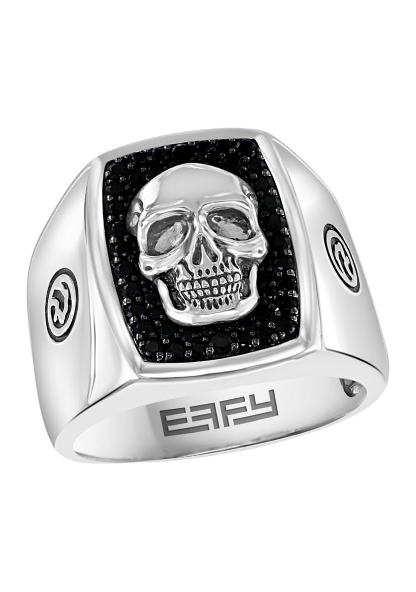 Mens Sterling Silver Black Spinel Skull Ring 