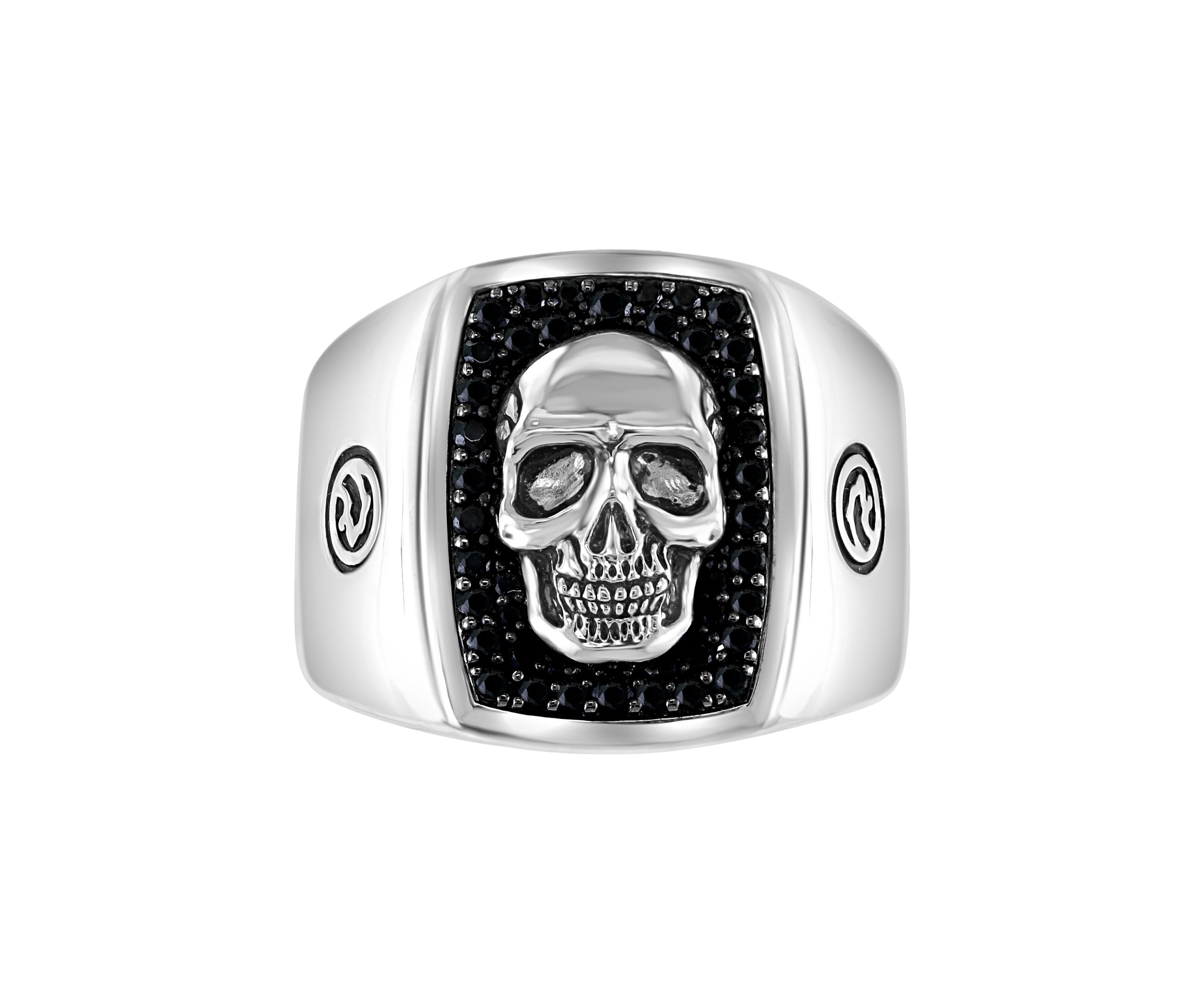 Mens Sterling Silver Black Spinel Skull Ring 