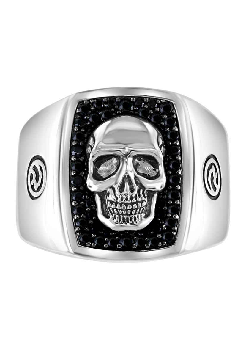 Mens Sterling Silver Black Spinel Skull Ring 