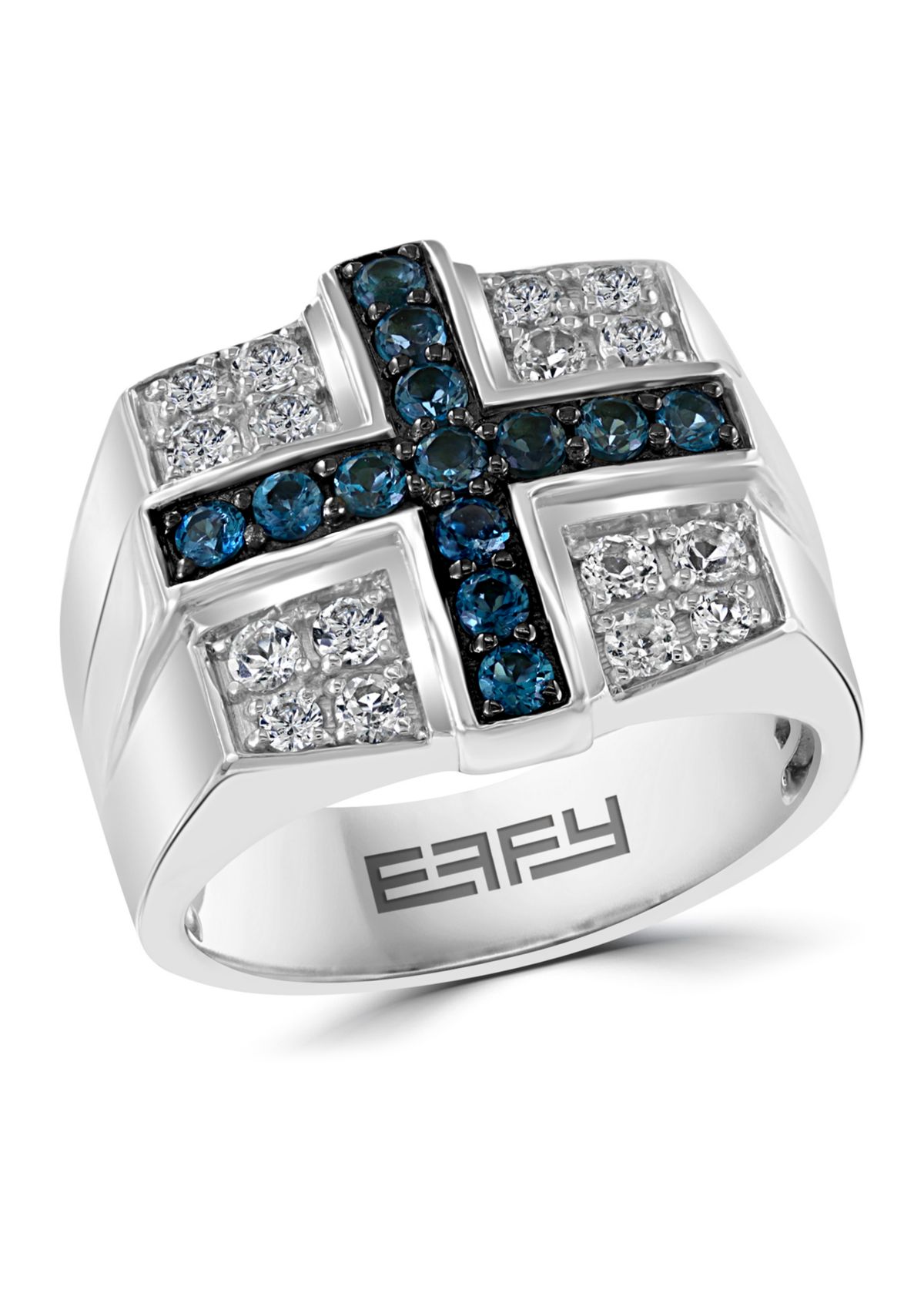 Mens Sterling Silver Blue Topaz Cross Ring 