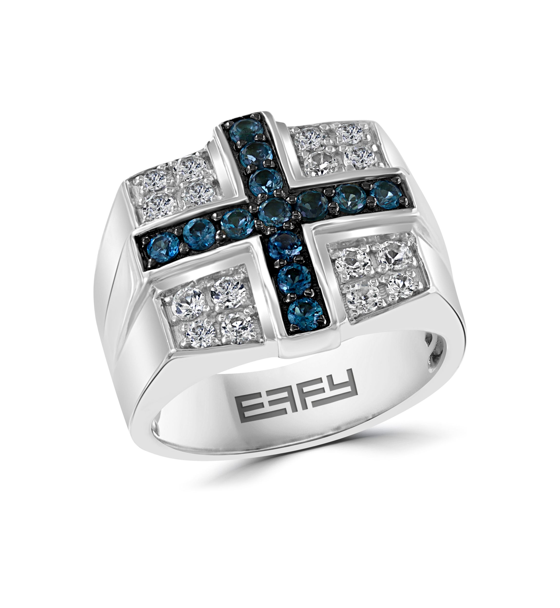 Mens Sterling Silver Blue Topaz Cross Ring 