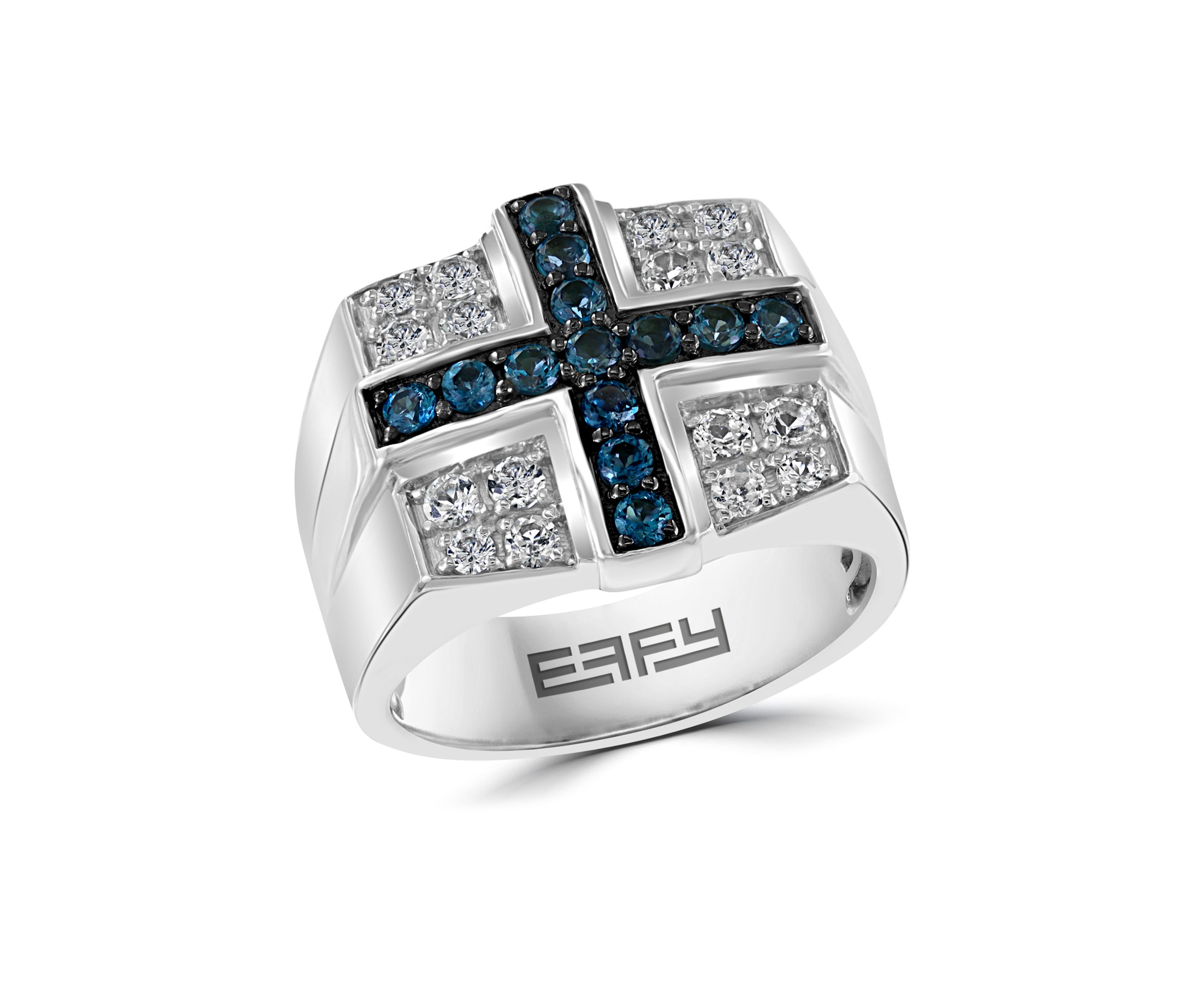 Mens Sterling Silver Blue Topaz Cross Ring 