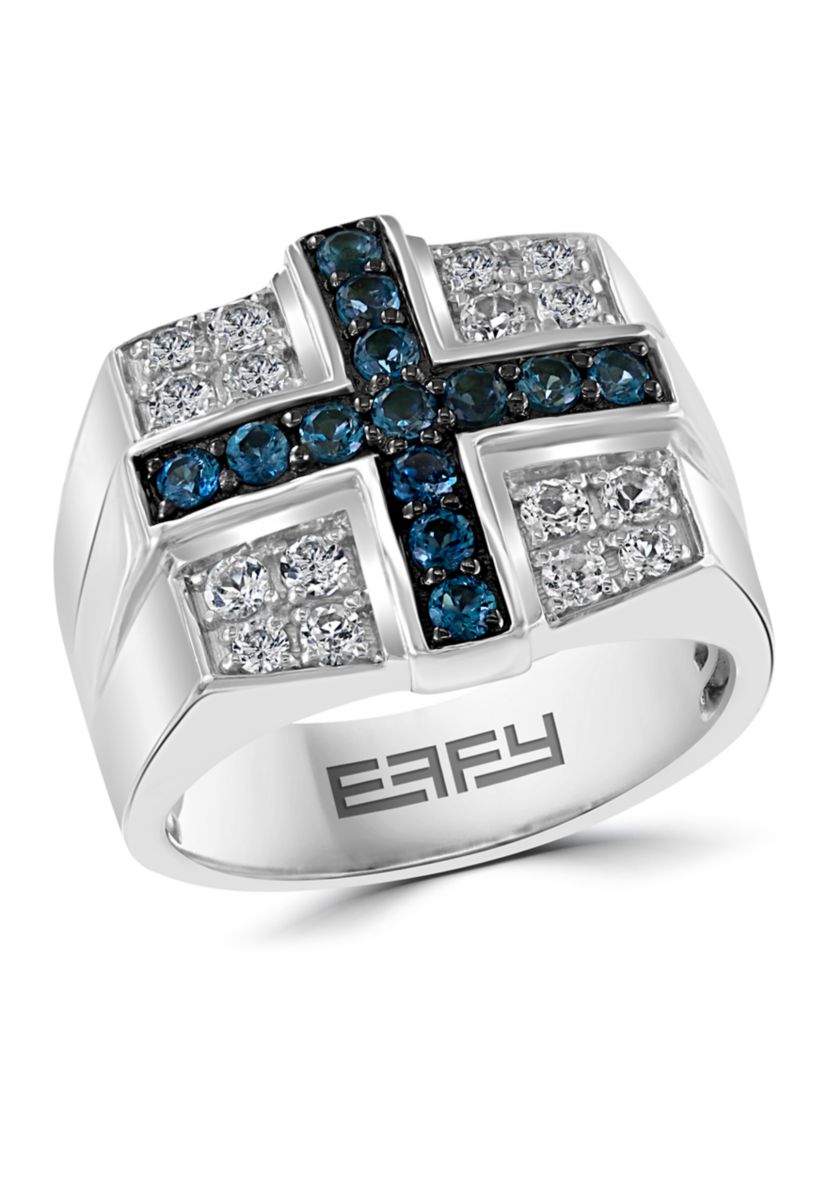 Mens Sterling Silver Blue Topaz Cross Ring 