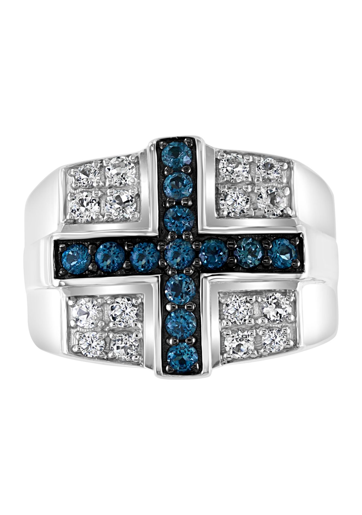 Mens Sterling Silver Blue Topaz Cross Ring 