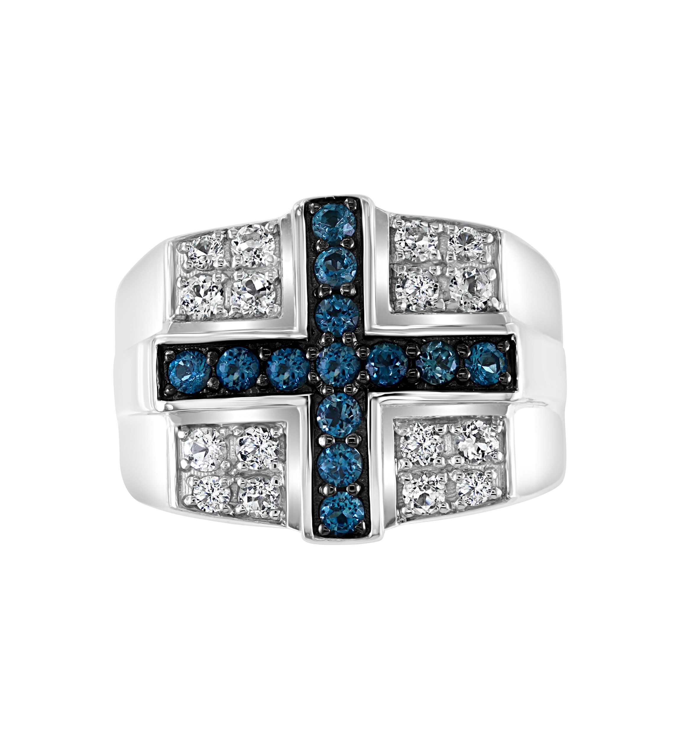 Mens Sterling Silver Blue Topaz Cross Ring 