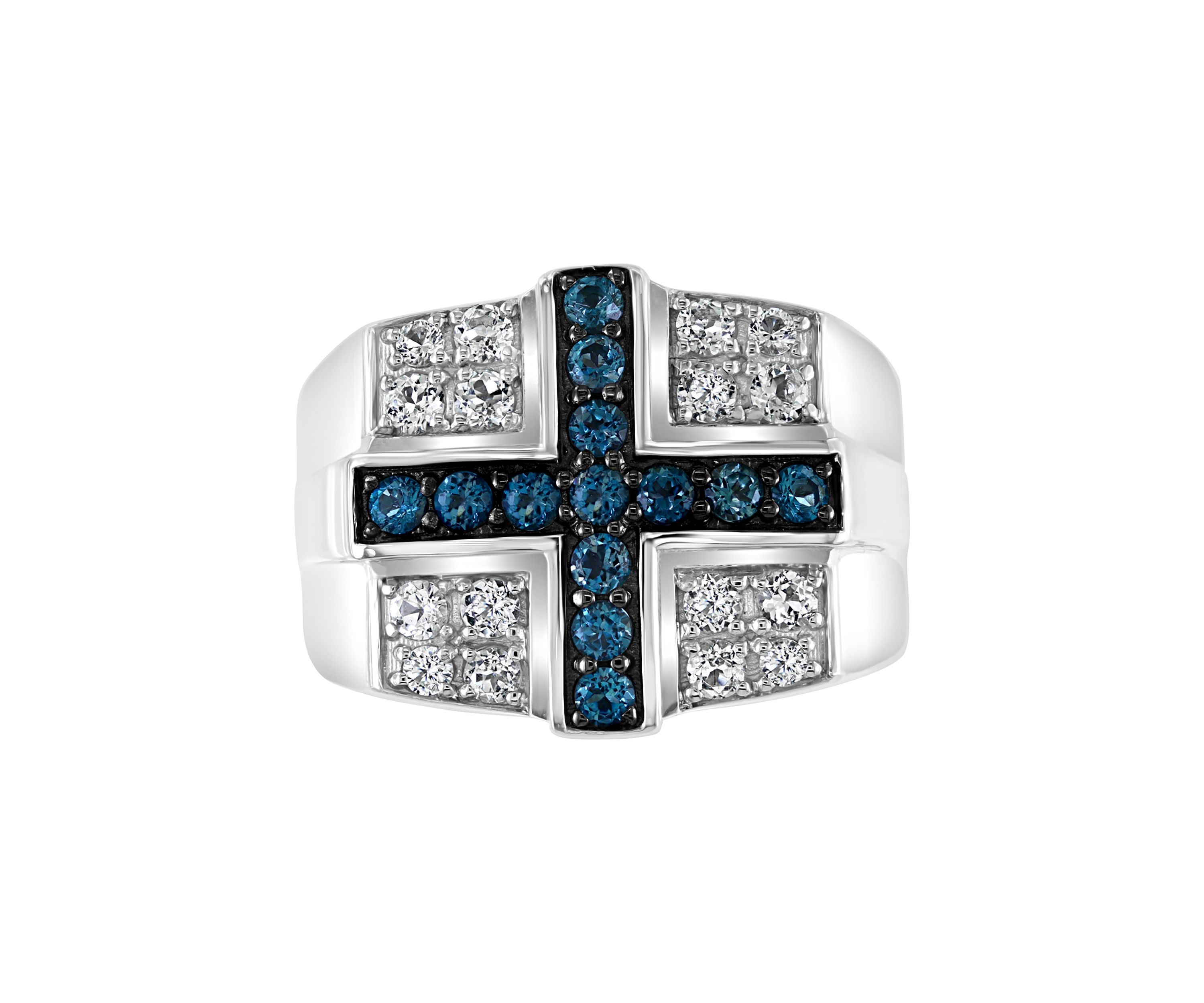 Mens Sterling Silver Blue Topaz Cross Ring 
