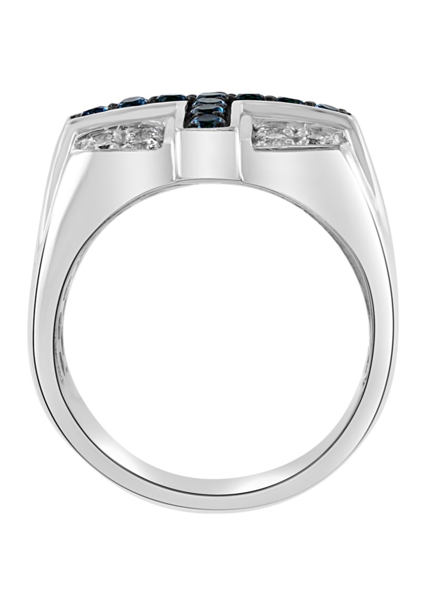 Mens Sterling Silver Blue Topaz Cross Ring 