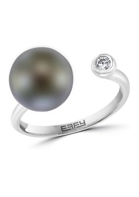 Effy Black Tahitian Pearl And White Sapphire Ring In Sterling Silver
