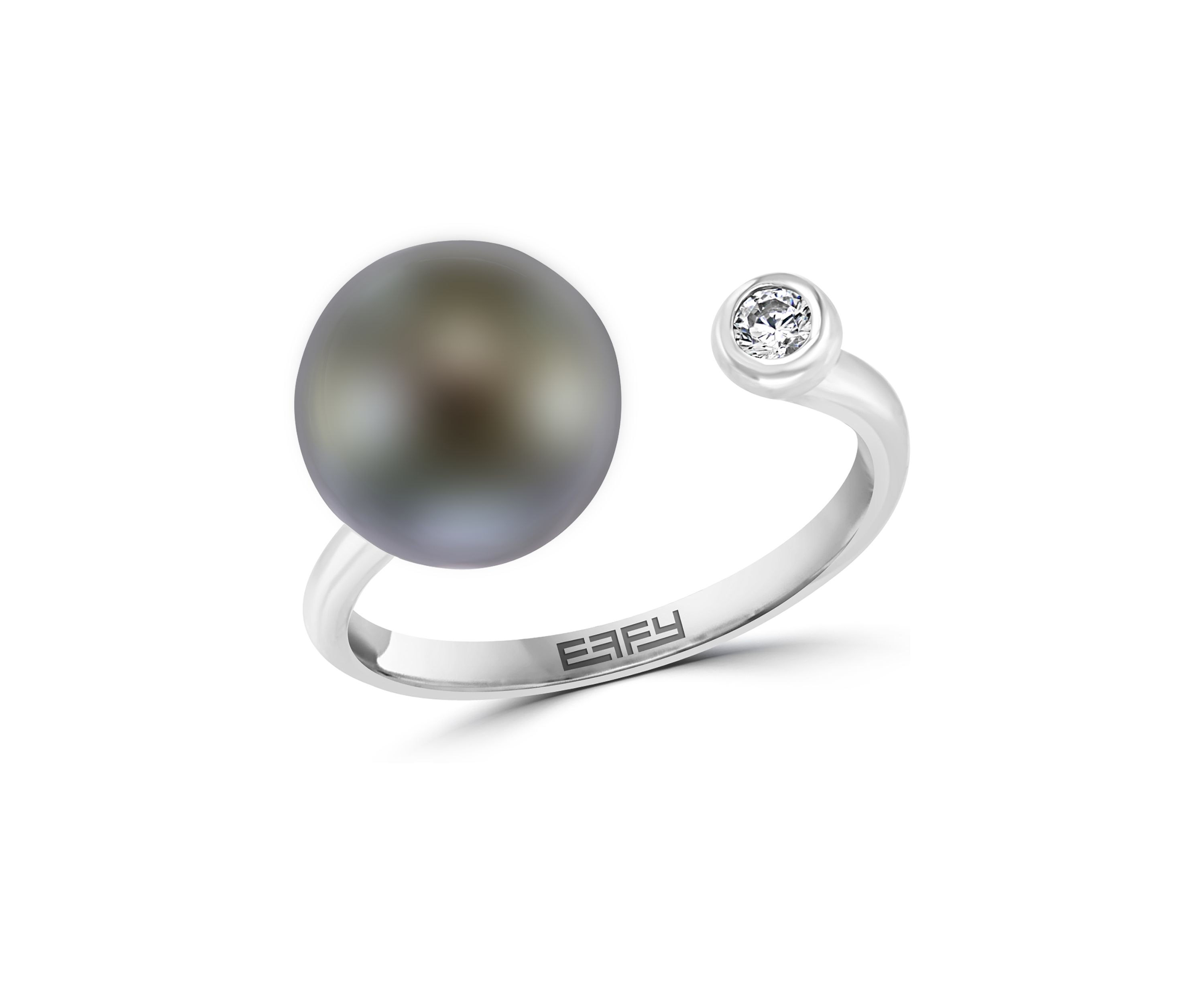 Black Tahitian Pearl and White Sapphire Ring in Sterling Silver