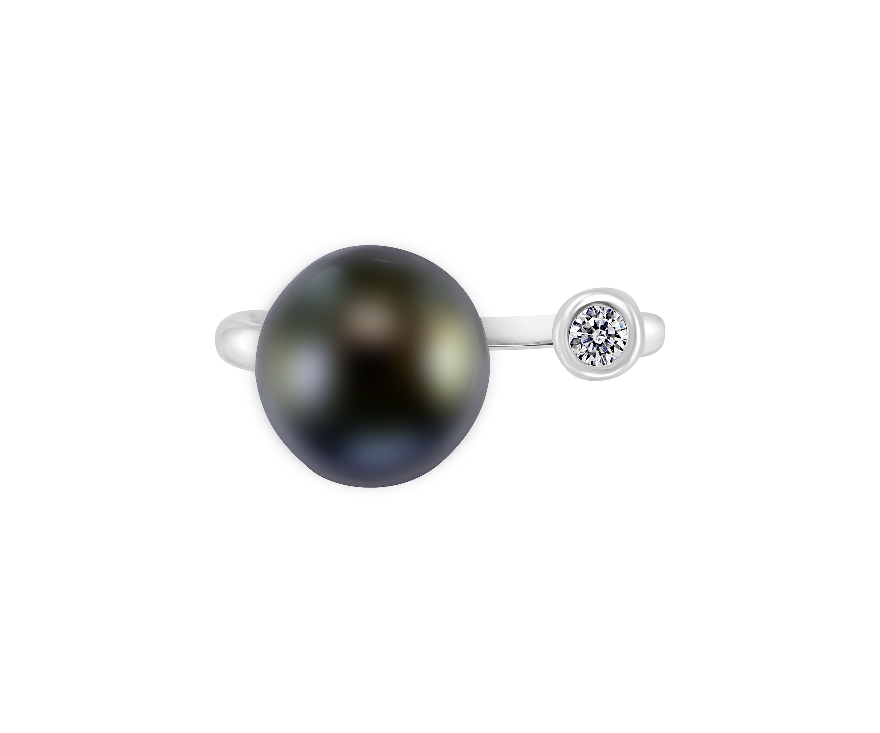 Black Tahitian Pearl and White Sapphire Ring in Sterling Silver