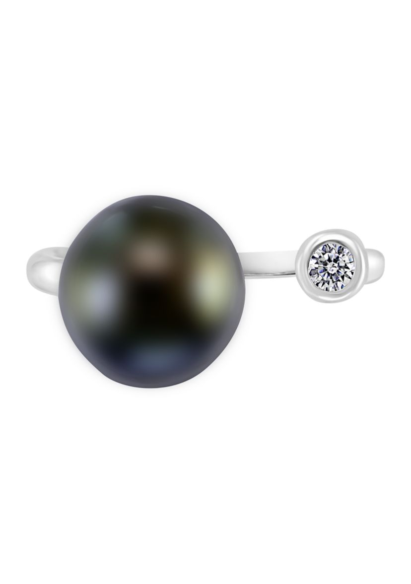 Black Tahitian Pearl and White Sapphire Ring in Sterling Silver