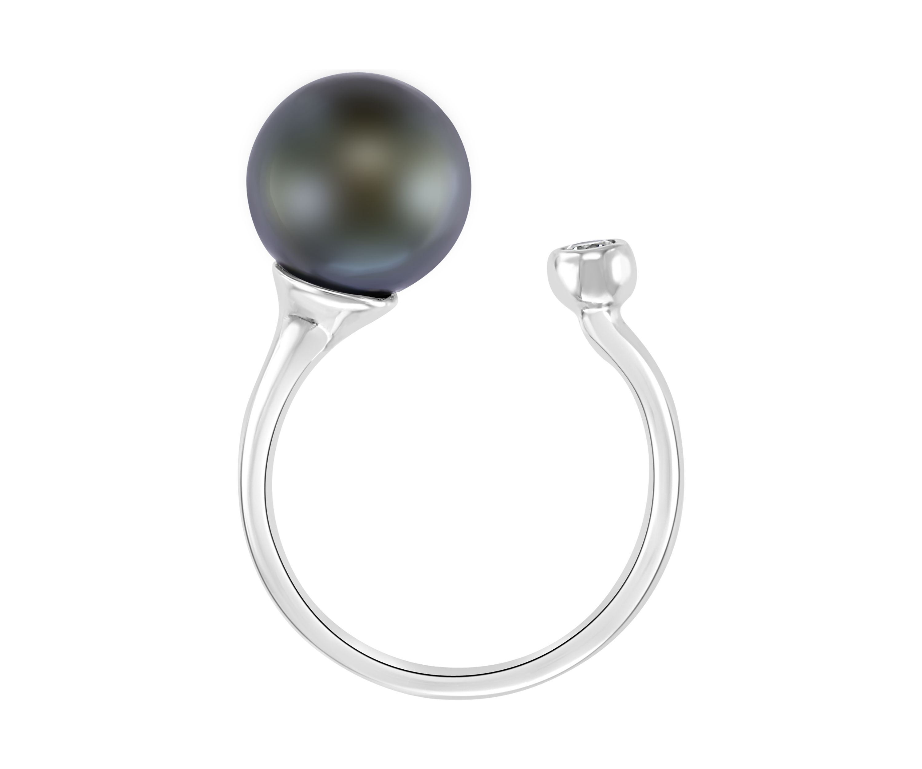 Black Tahitian Pearl and White Sapphire Ring in Sterling Silver