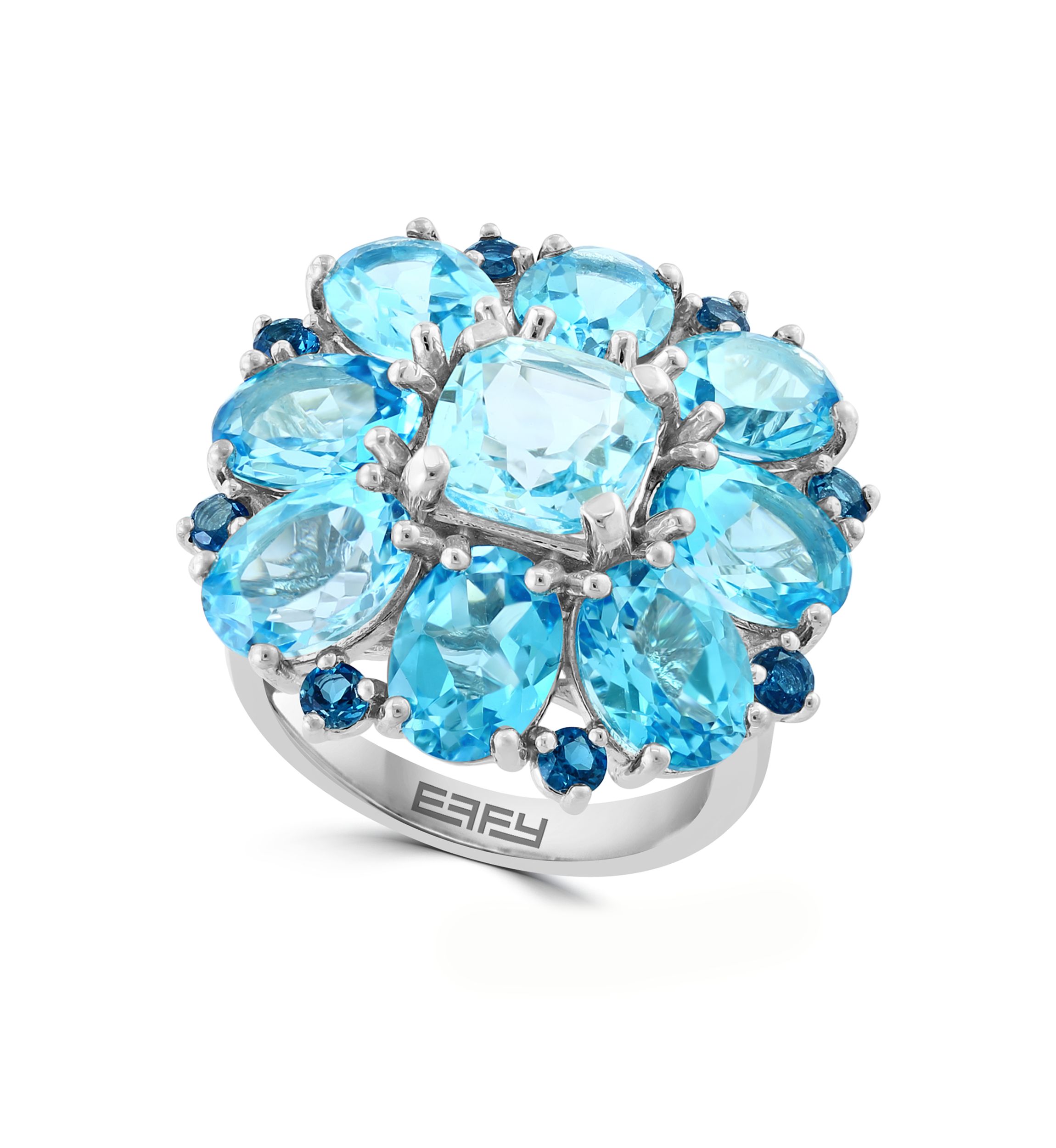 Blue Topaz, London Blue Topaz, Sky Blue Topaz Cluster Flower Ring In Sterling Silver 