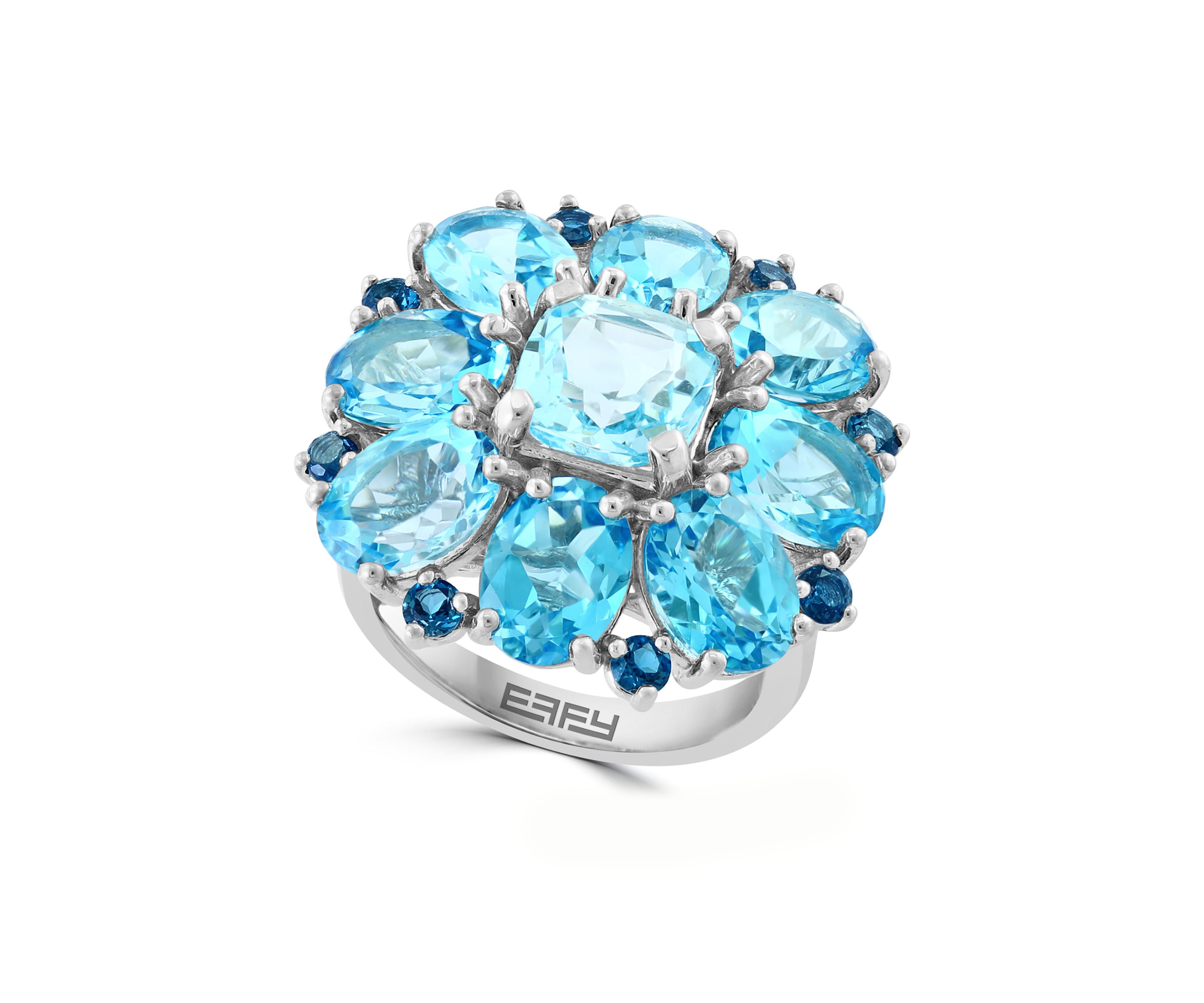 Blue Topaz, London Blue Topaz, Sky Blue Topaz Cluster Flower Ring In Sterling Silver 