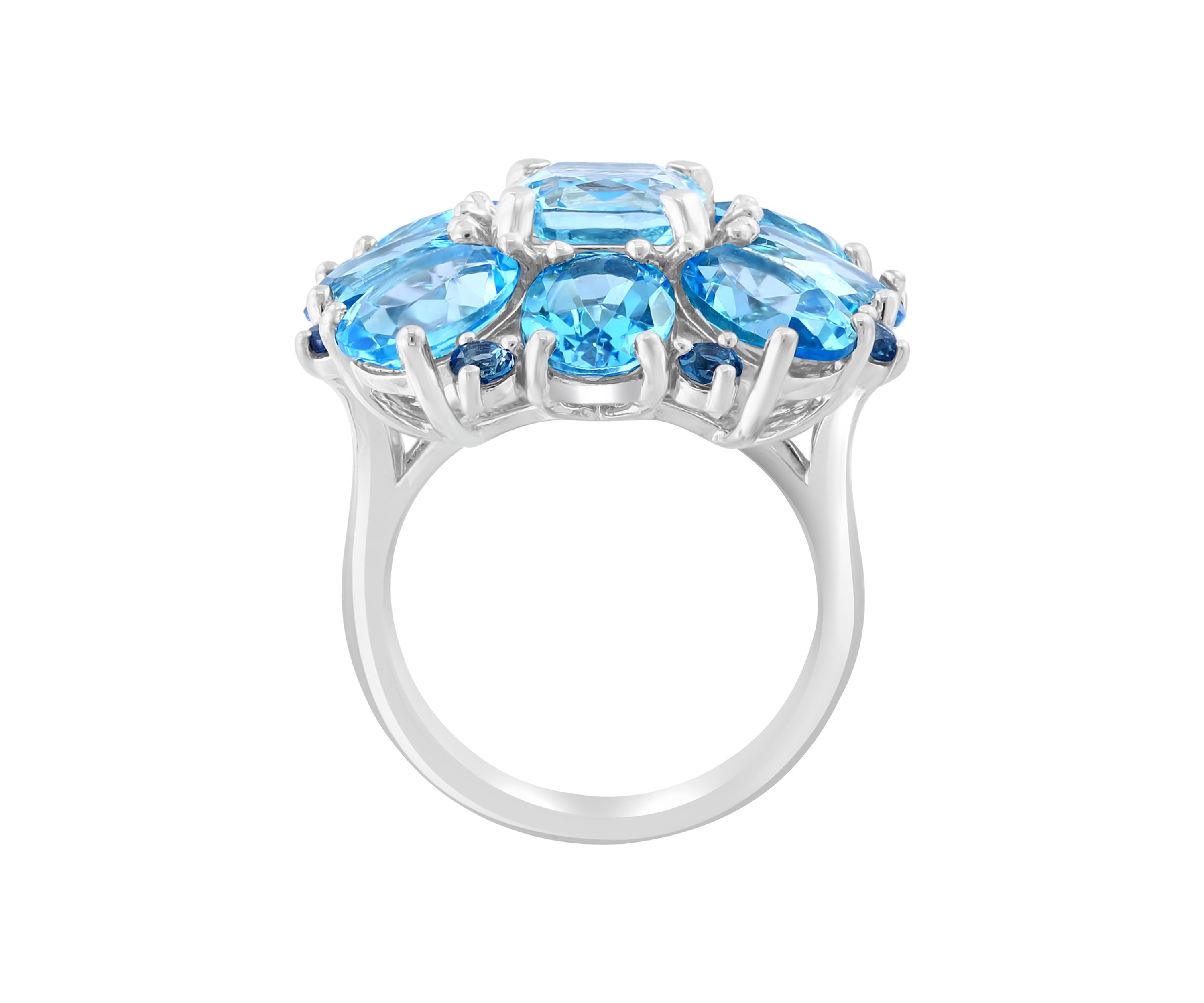 Blue Topaz, London Blue Topaz, Sky Blue Topaz Cluster Flower Ring In Sterling Silver 