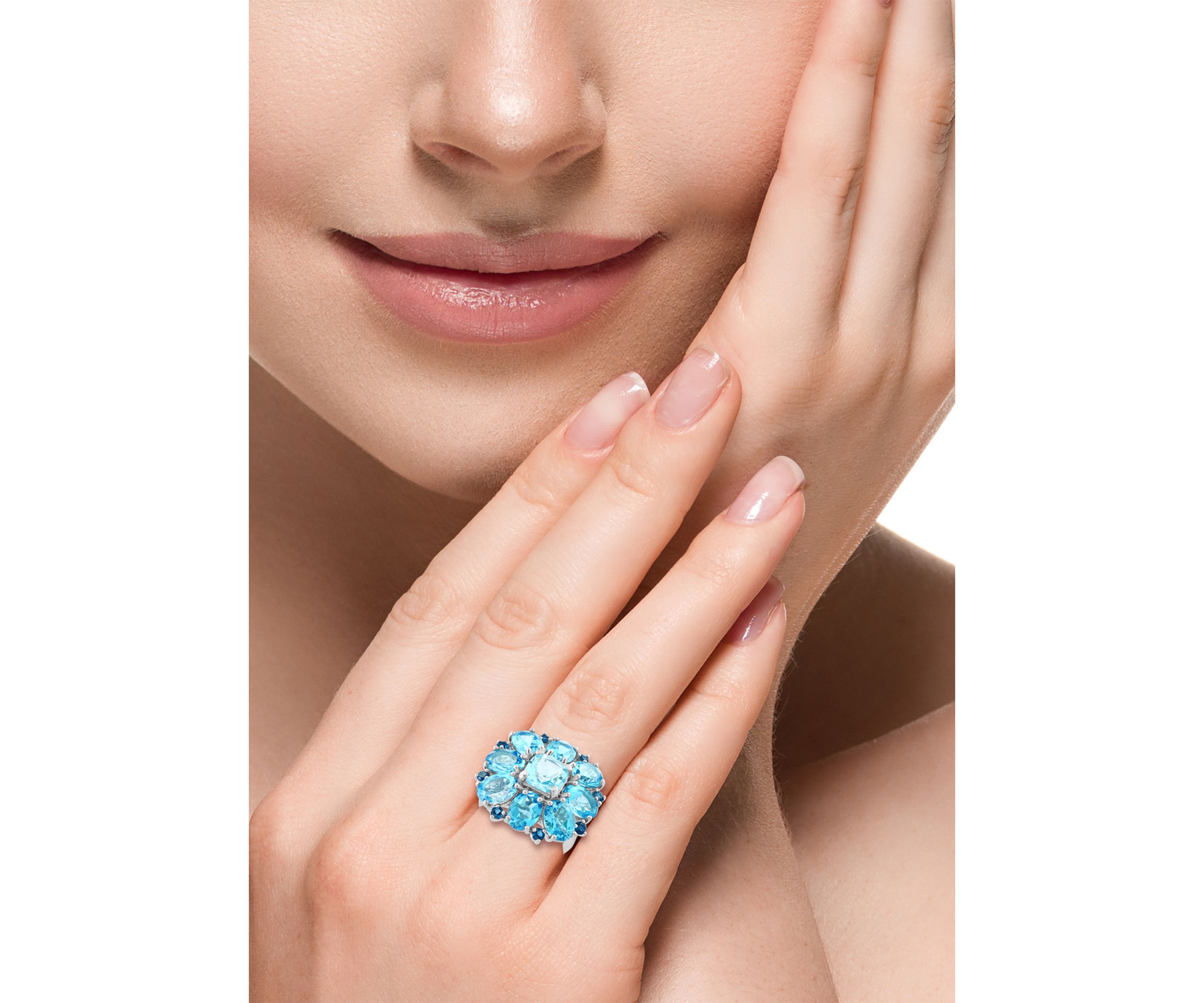 Blue Topaz, London Blue Topaz, Sky Blue Topaz Cluster Flower Ring In Sterling Silver 