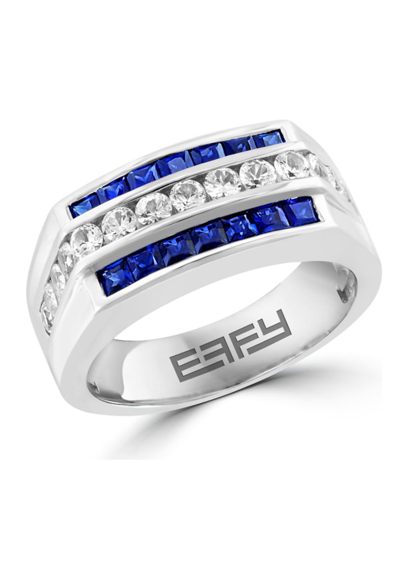 Mens Sapphire and White Sapphire Ring in Sterling Silver