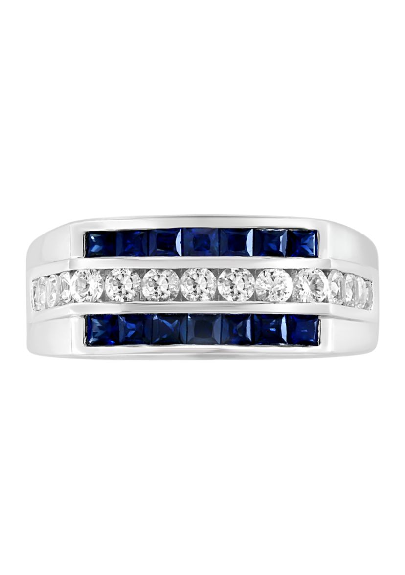 Mens Sapphire and White Sapphire Ring in Sterling Silver