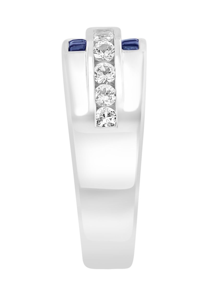 Mens Sapphire and White Sapphire Ring in Sterling Silver