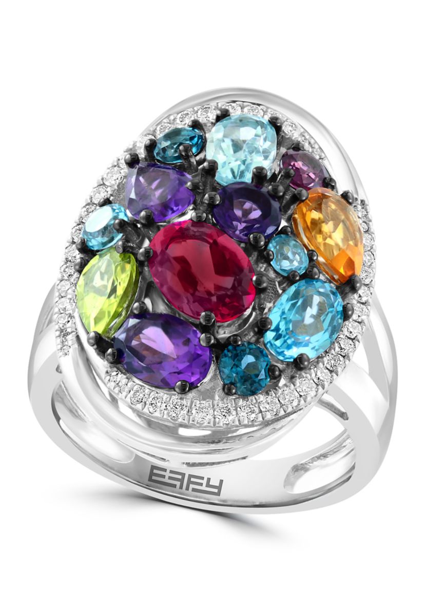Sterling Silver Diamond, Multi Gemstone Ring 