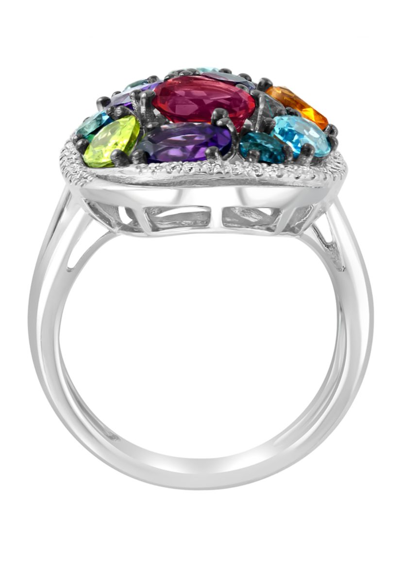 Sterling Silver Diamond, Multi Gemstone Ring 
