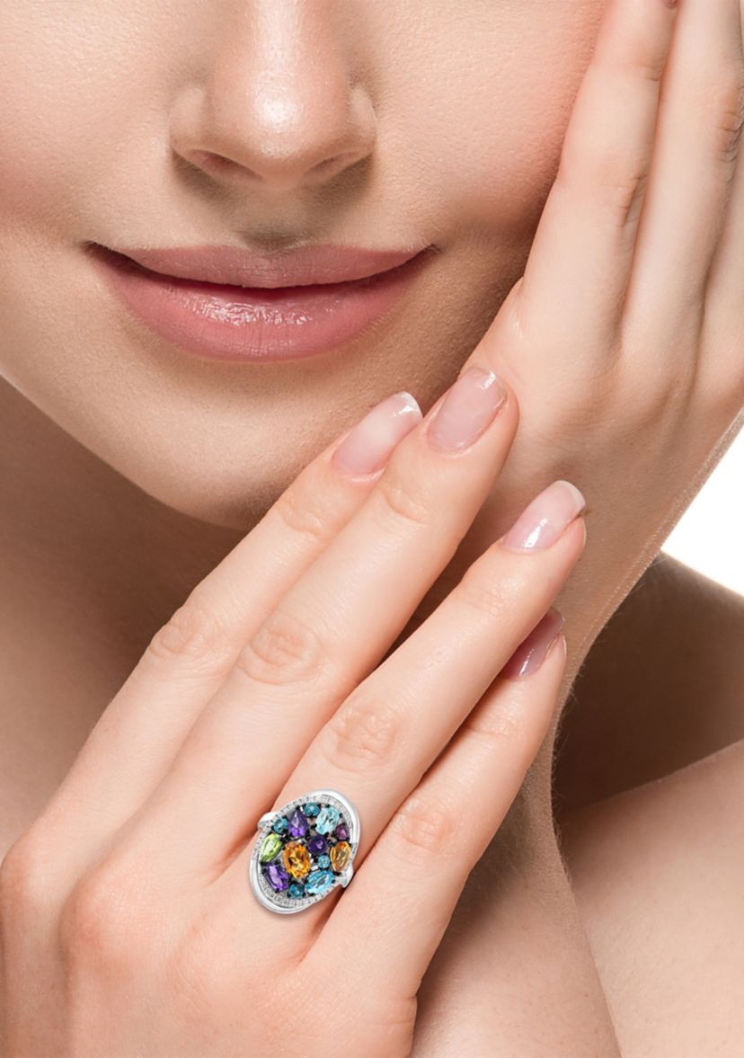 Sterling Silver Diamond, Multi Gemstone Ring 