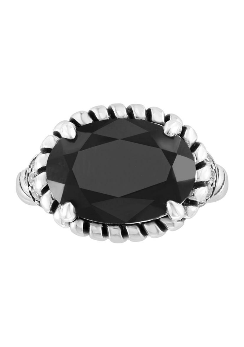 White Topaz Onyx Cable Ring In Sterling Silver 