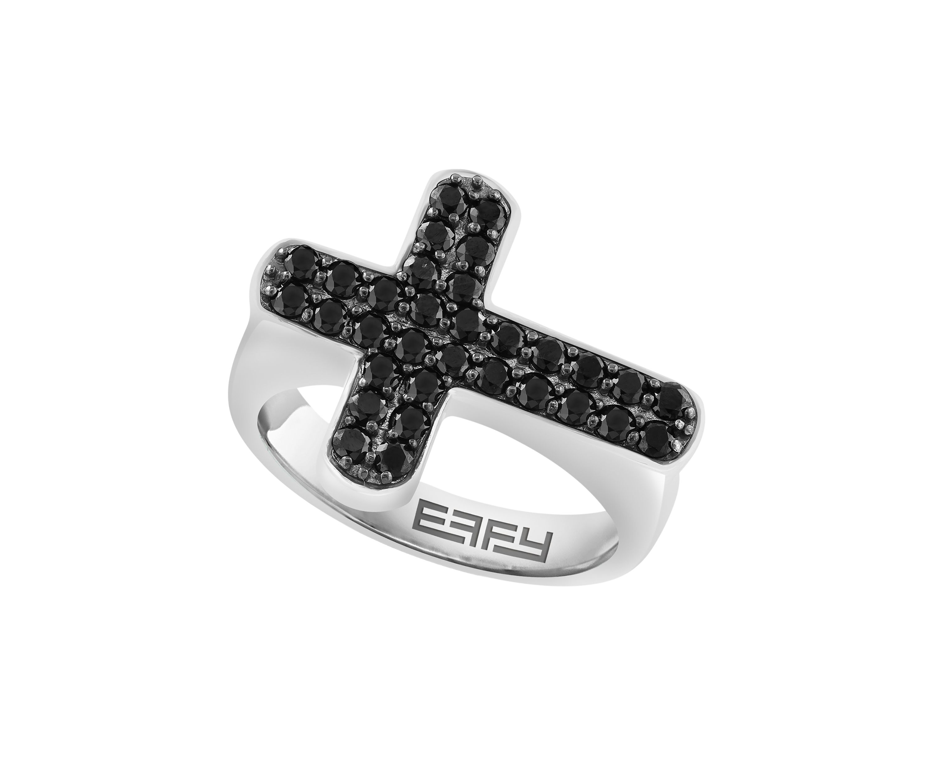 Mens Black Spinel Cross Ring in Sterling Silver