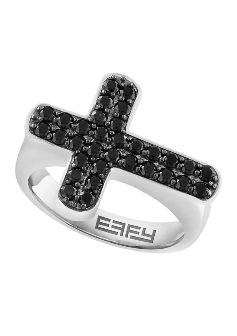 Mens Black Spinel Cross Ring in Sterling Silver