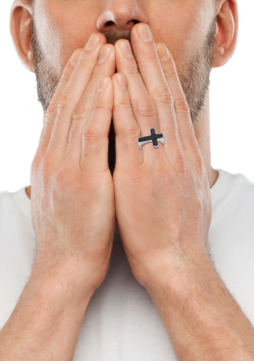 Mens Black Spinel Cross Ring in Sterling Silver