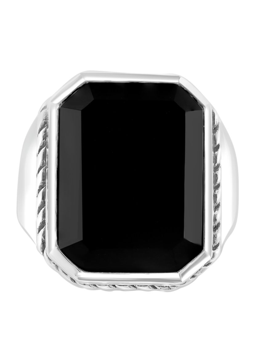 Mens Black Emerald Cut Onyx Ring In Sterling Silver