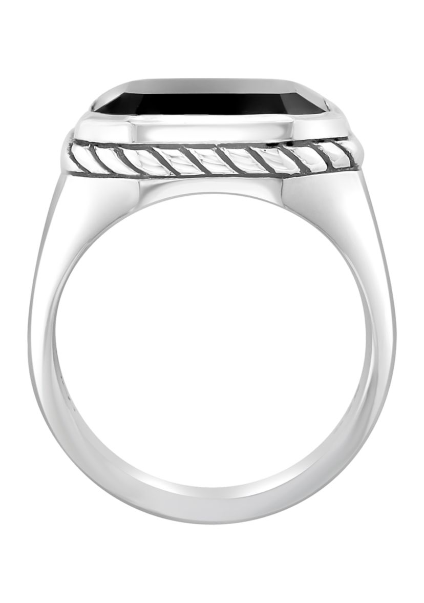 Mens Black Emerald Cut Onyx Ring In Sterling Silver