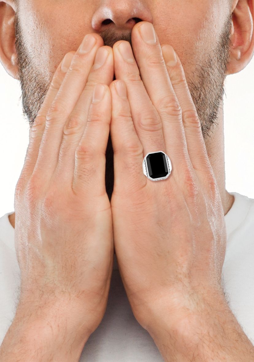 Mens Black Emerald Cut Onyx Ring In Sterling Silver