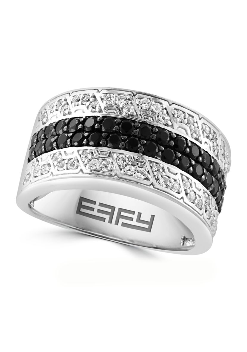 Mens White Topaz, Black Spinel Ring in Sterling Silver 