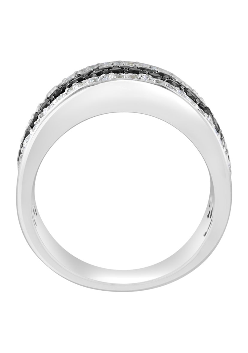 Mens White Topaz, Black Spinel Ring in Sterling Silver 