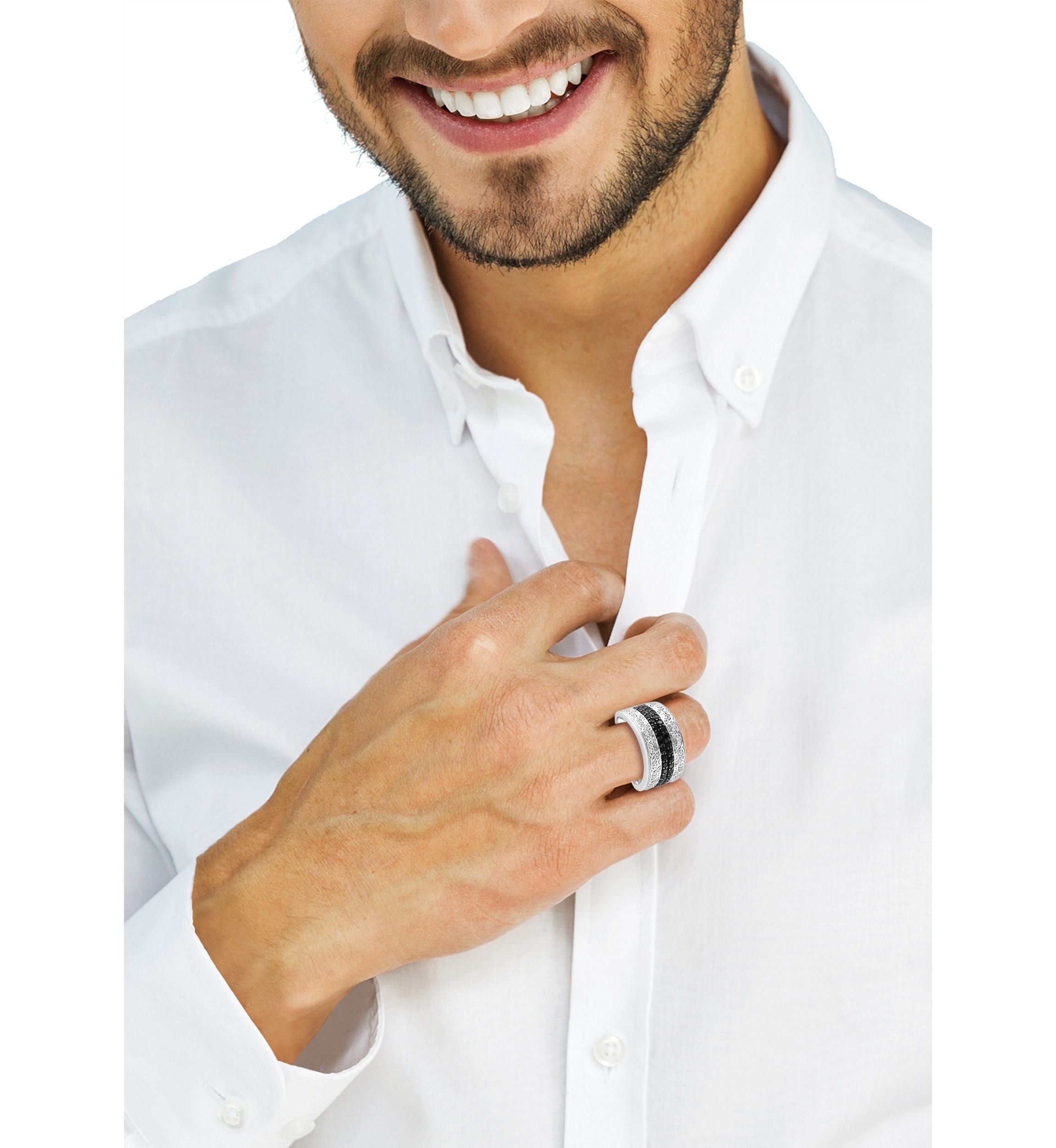 Mens White Topaz, Black Spinel Ring in Sterling Silver 