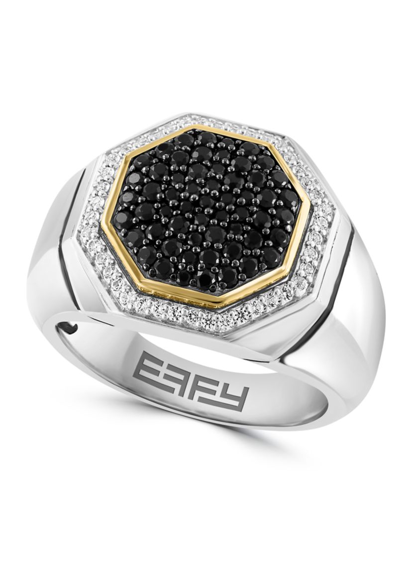 Mens White Sapphire, Black Spinel Ring in Gold Over Sterling Silver