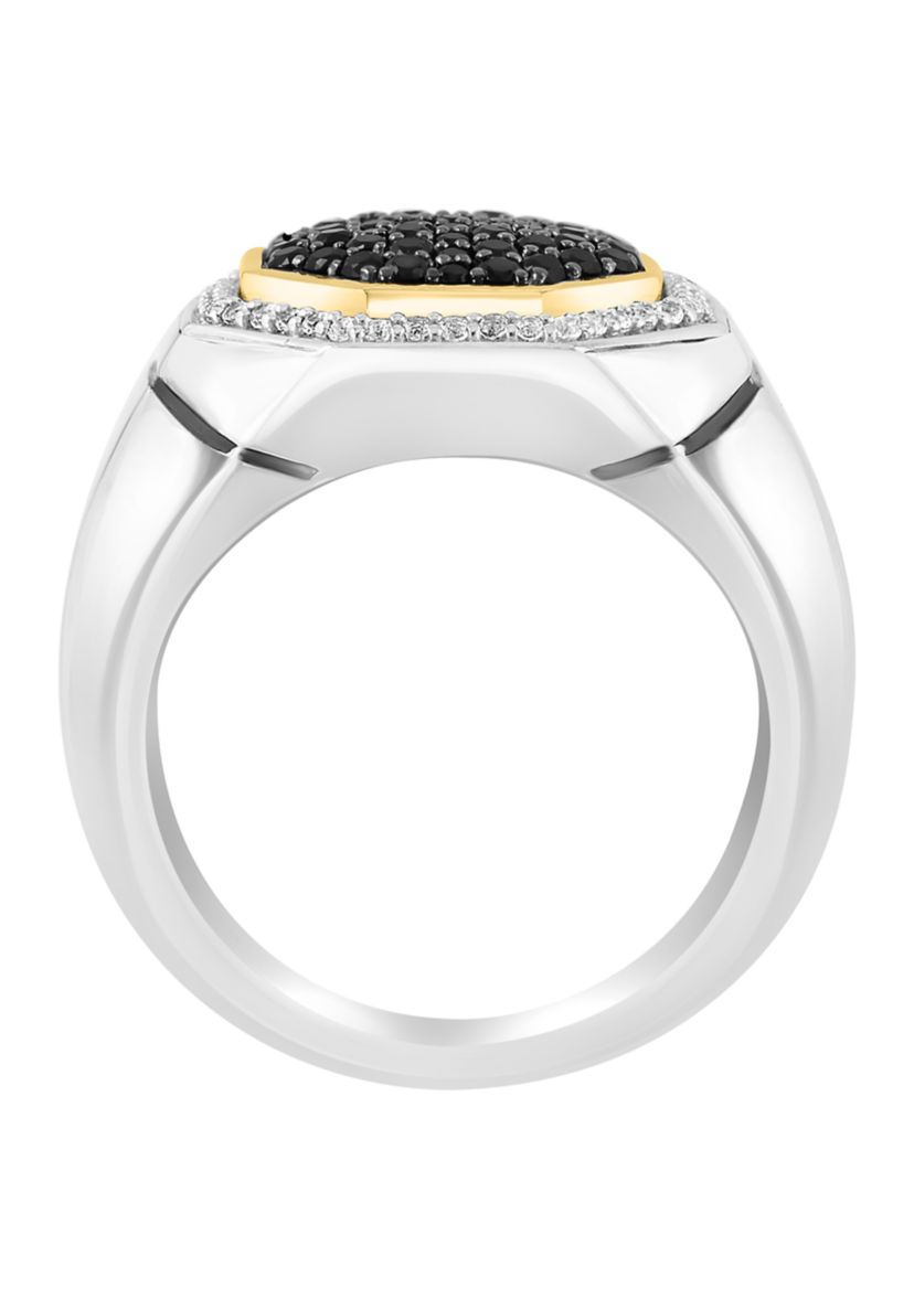 Mens White Sapphire, Black Spinel Ring in Gold Over Sterling Silver