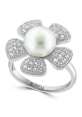 Effy White Topaz And Freshwater Pearl Flower Ring In Sterling Silver