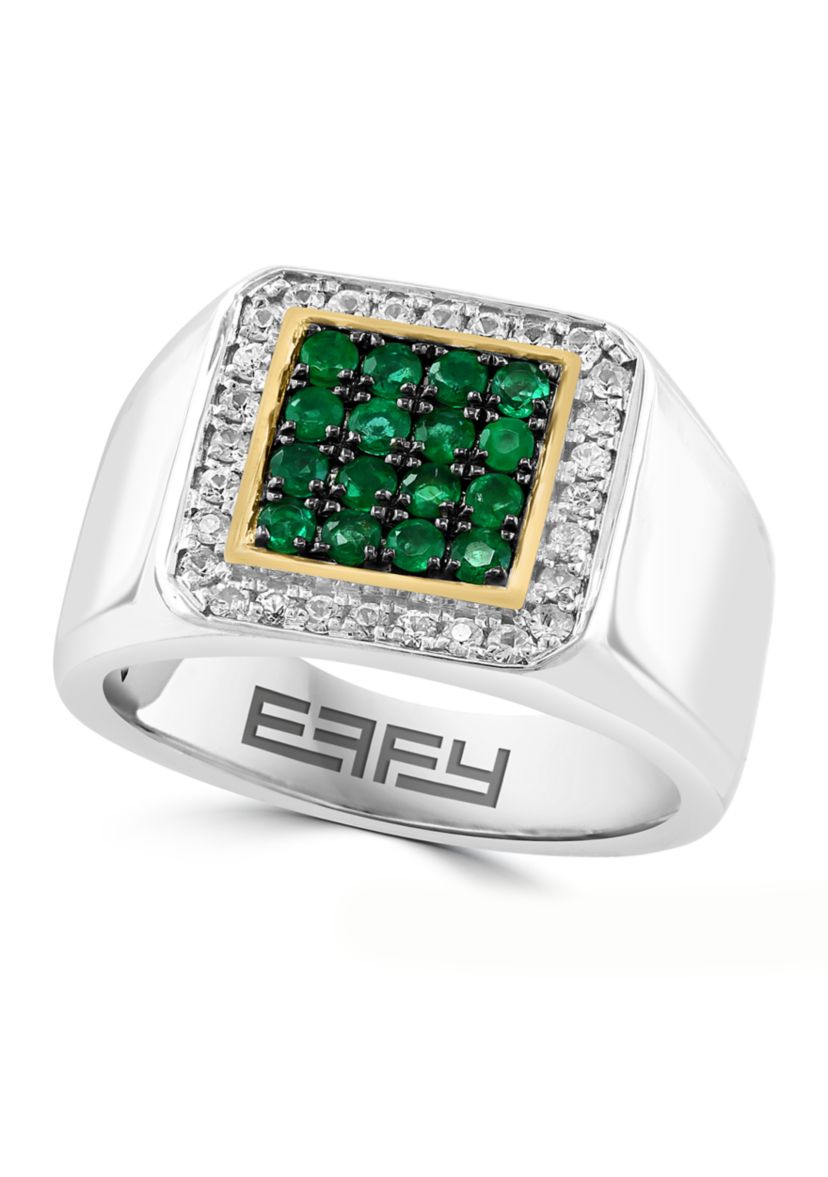 Mens White Topaz and Emerald Ring in Gold Over Sterling Silver