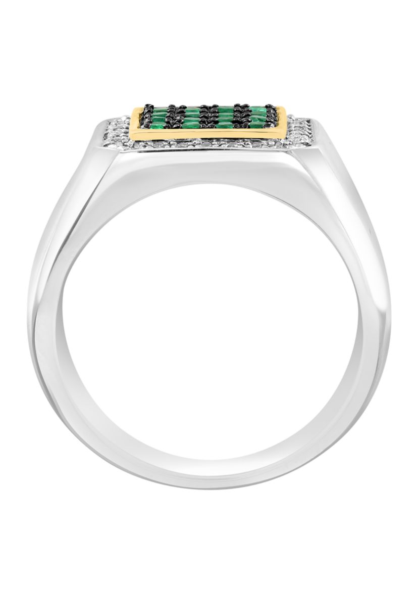 Mens White Topaz and Emerald Ring in Gold Over Sterling Silver